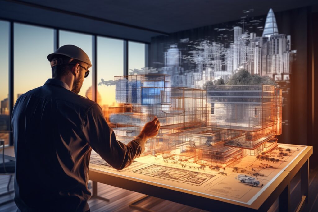 man architect working on a project with VR glasses and new technologies
