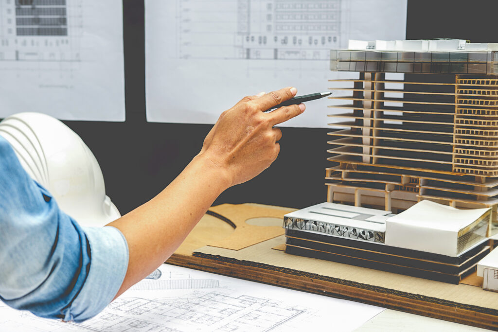 Architect Engineer Design Working on Blueprint Planning Concept.