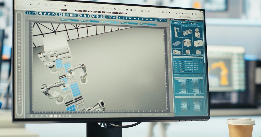 PC on desk in empty photovoltaics factory monitoring system performance, closeup